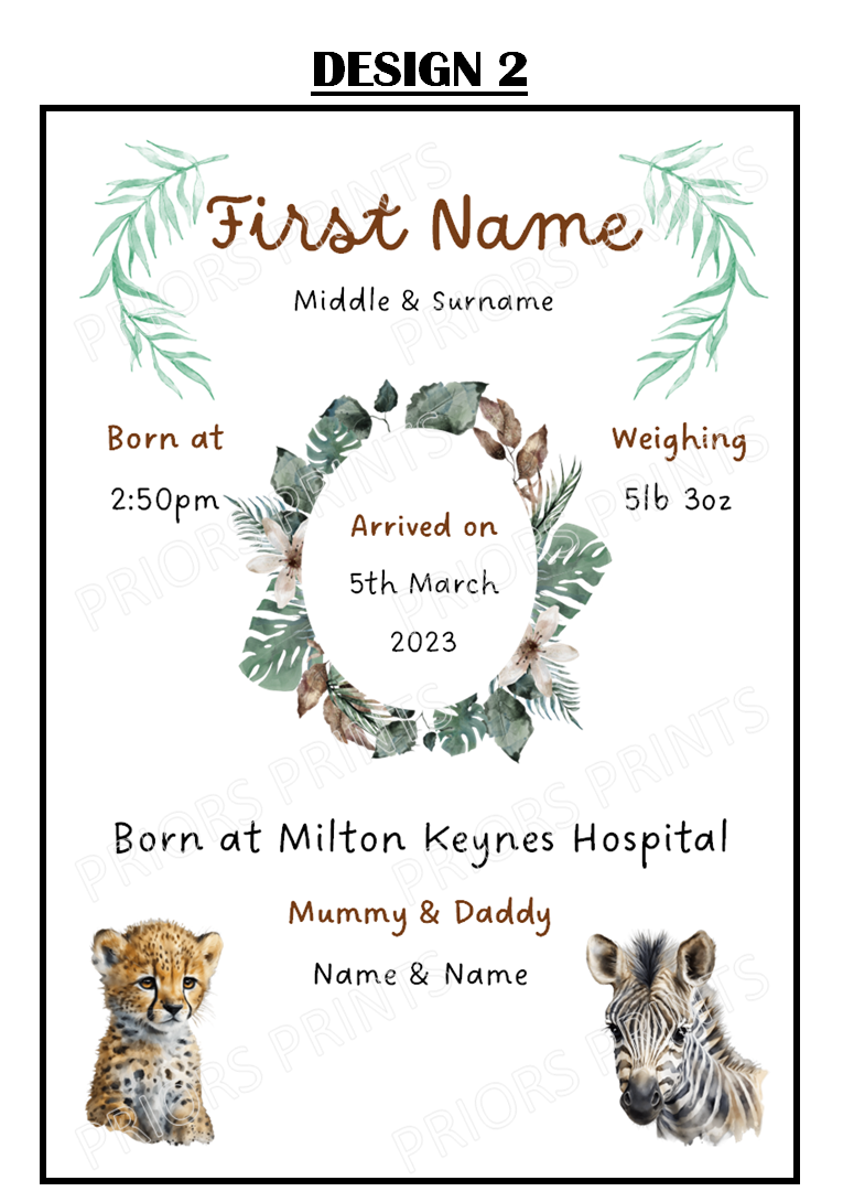 Welcome to the World A4 Print- Safari Animal Designs