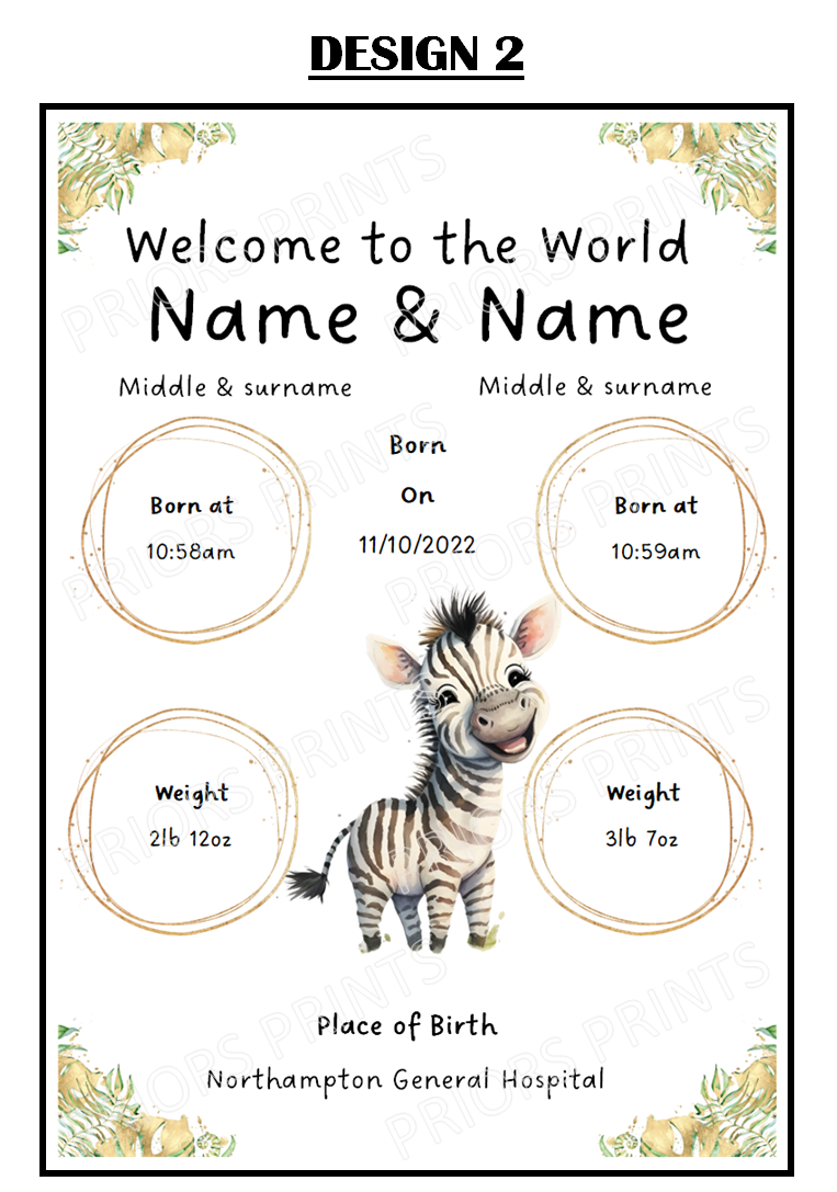 Welcome to the World Twins A4 Print- Safari Animal Designs