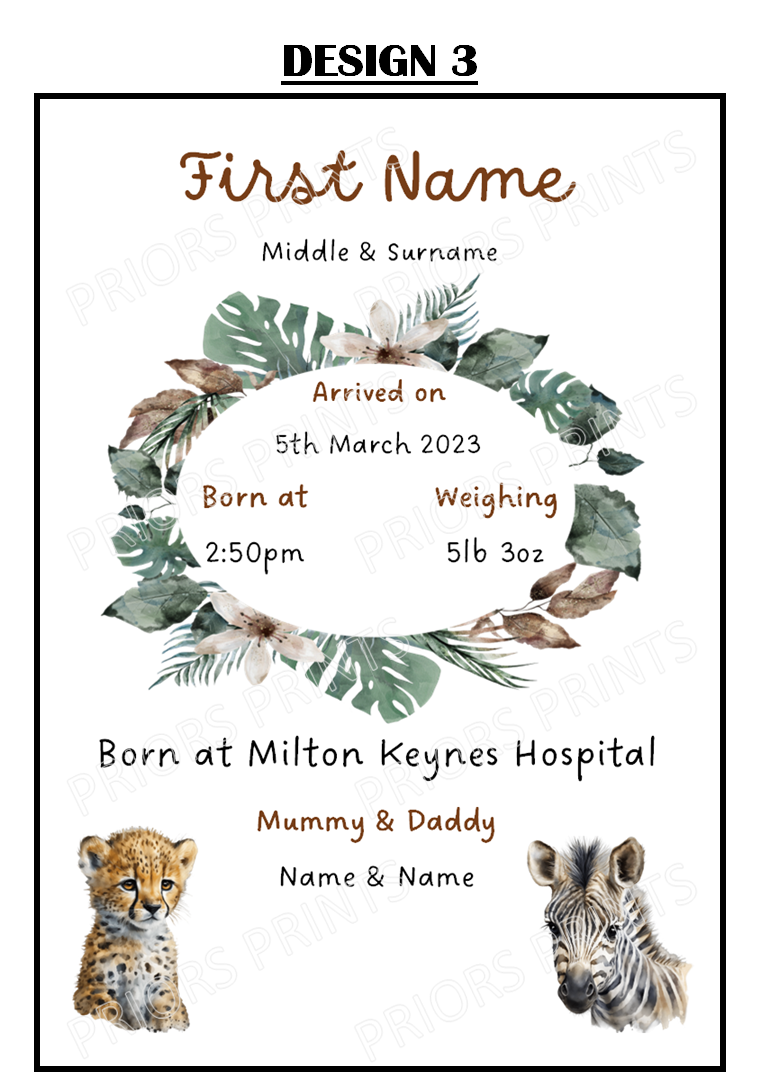 Welcome to the World A4 Print- Safari Animal Designs