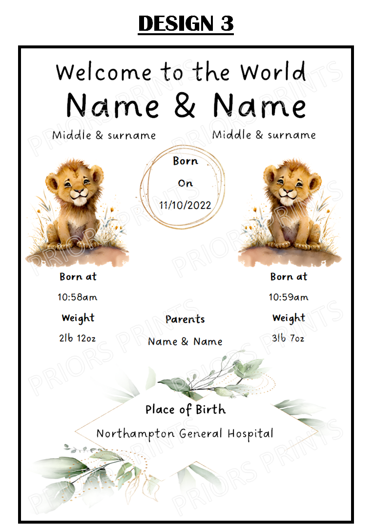 Welcome to the World Twins A4 Print- Safari Animal Designs