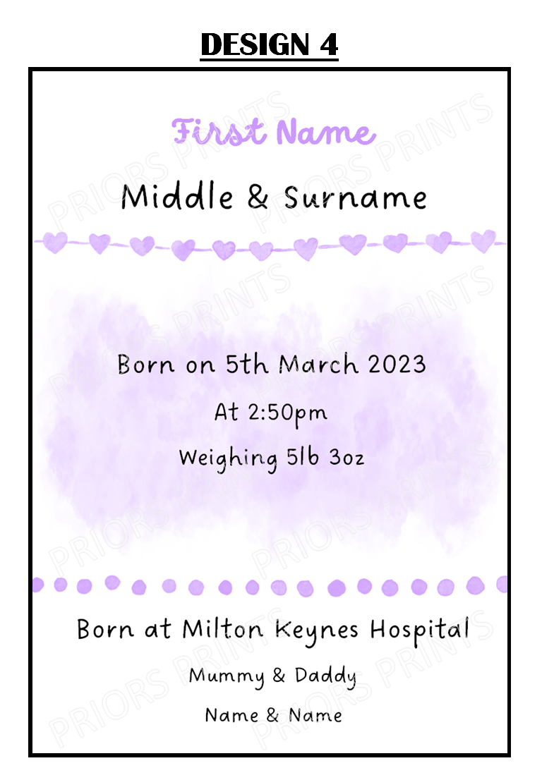 Welcome to the World A4 Print- Pink & Lilac Designs