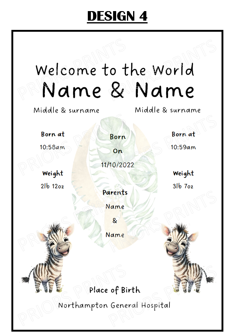 Welcome to the World Twins A4 Print- Safari Animal Designs