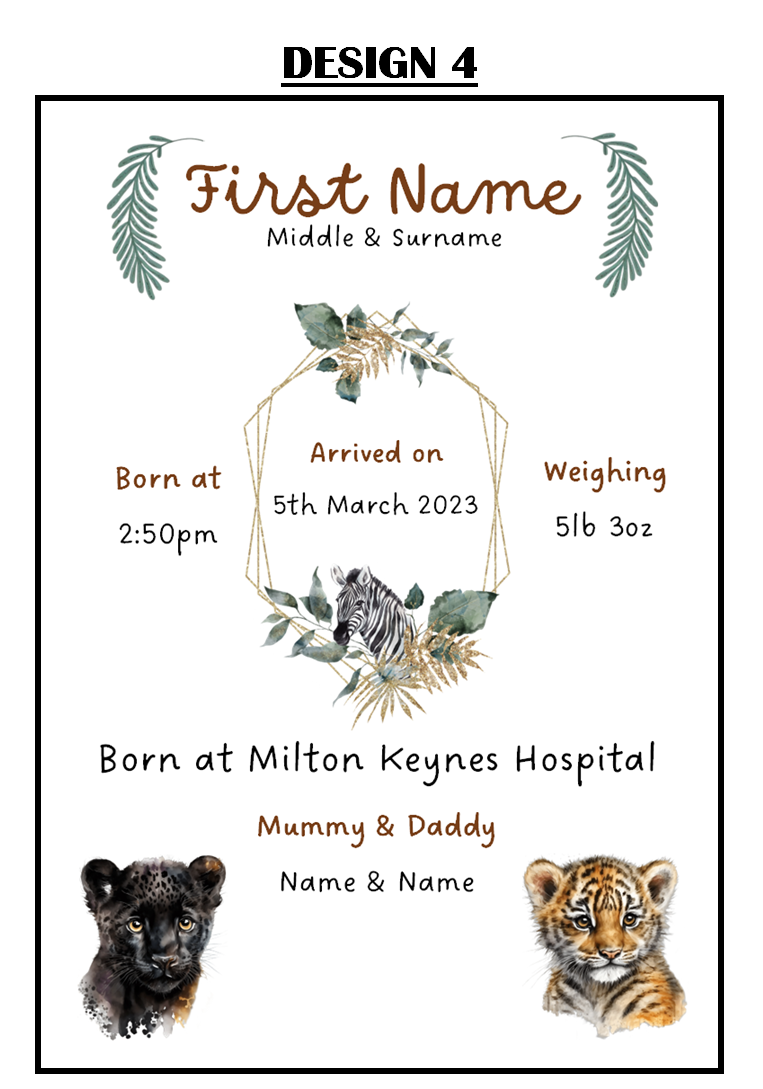 Welcome to the World A4 Print- Safari Animal Designs