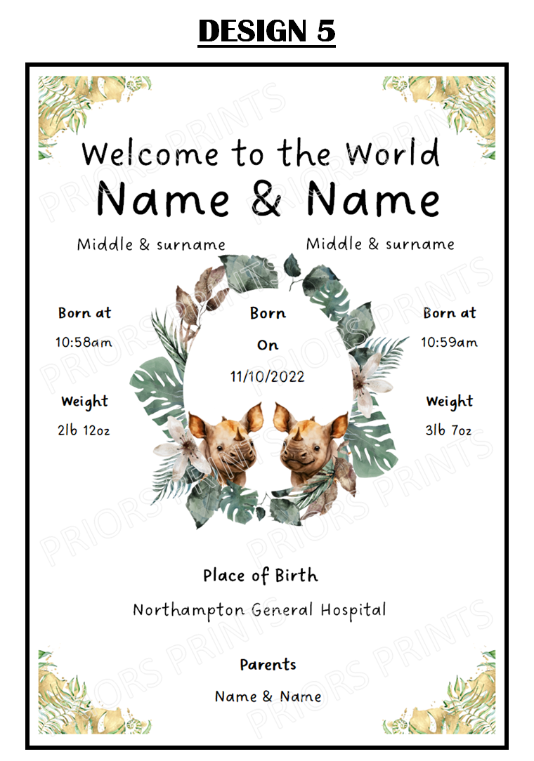 Welcome to the World Twins A4 Print- Safari Animal Designs