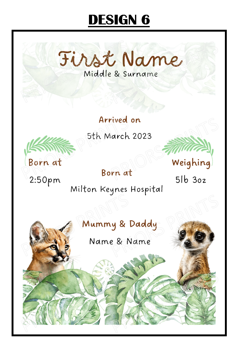 Welcome to the World A4 Print- Safari Animal Designs