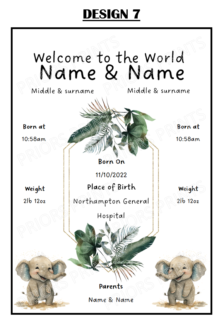 Welcome to the World Twins A4 Print- Safari Animal Designs