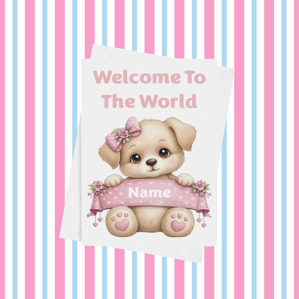 Welcome To The World Personalised Card for New Baby Animals in Pink
