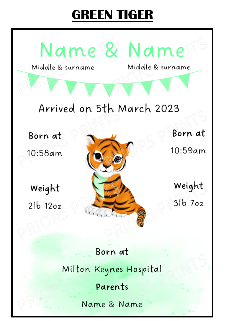 Welcome to the World Twins A4 Print- Elephant, Penguin & Tiger Designs