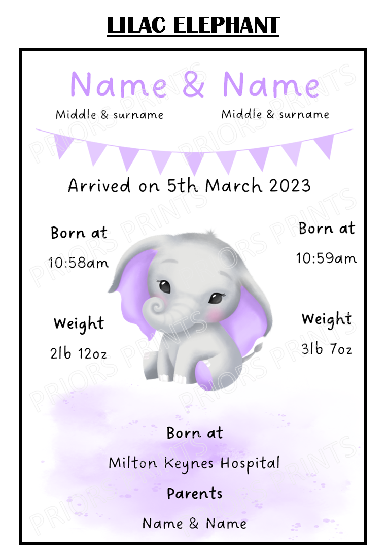 Welcome to the World Twins A4 Print- Elephant, Penguin & Tiger Designs