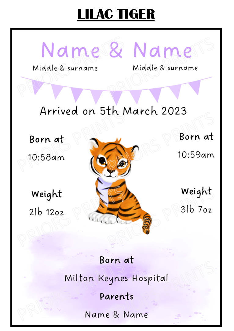 Welcome to the World Twins A4 Print- Elephant, Penguin & Tiger Designs