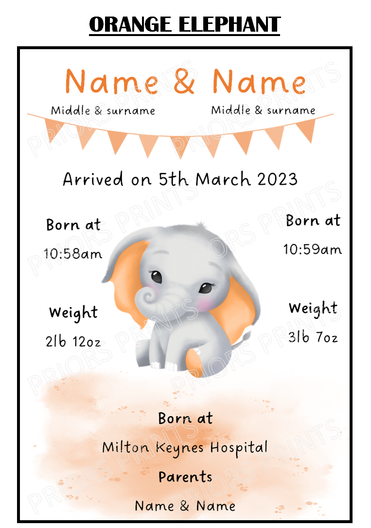 Welcome to the World Twins A4 Print- Elephant, Penguin & Tiger Designs