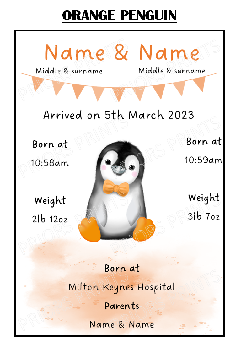 Welcome to the World Twins A4 Print- Elephant, Penguin & Tiger Designs