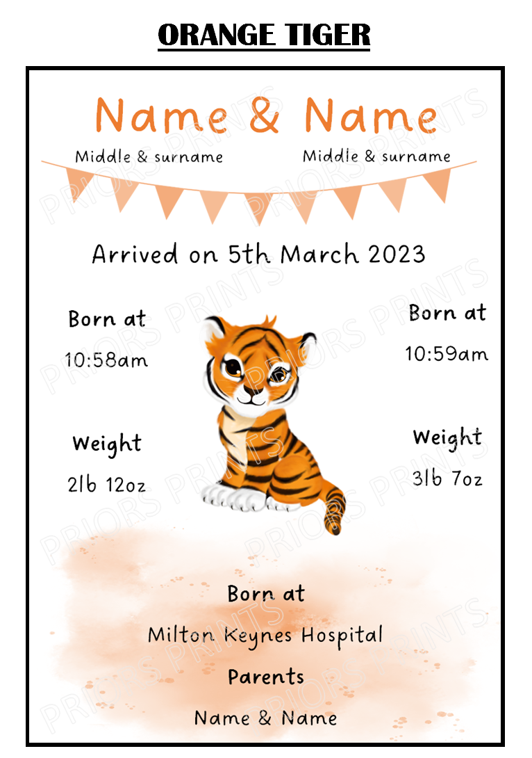 Welcome to the World Twins A4 Print- Elephant, Penguin & Tiger Designs