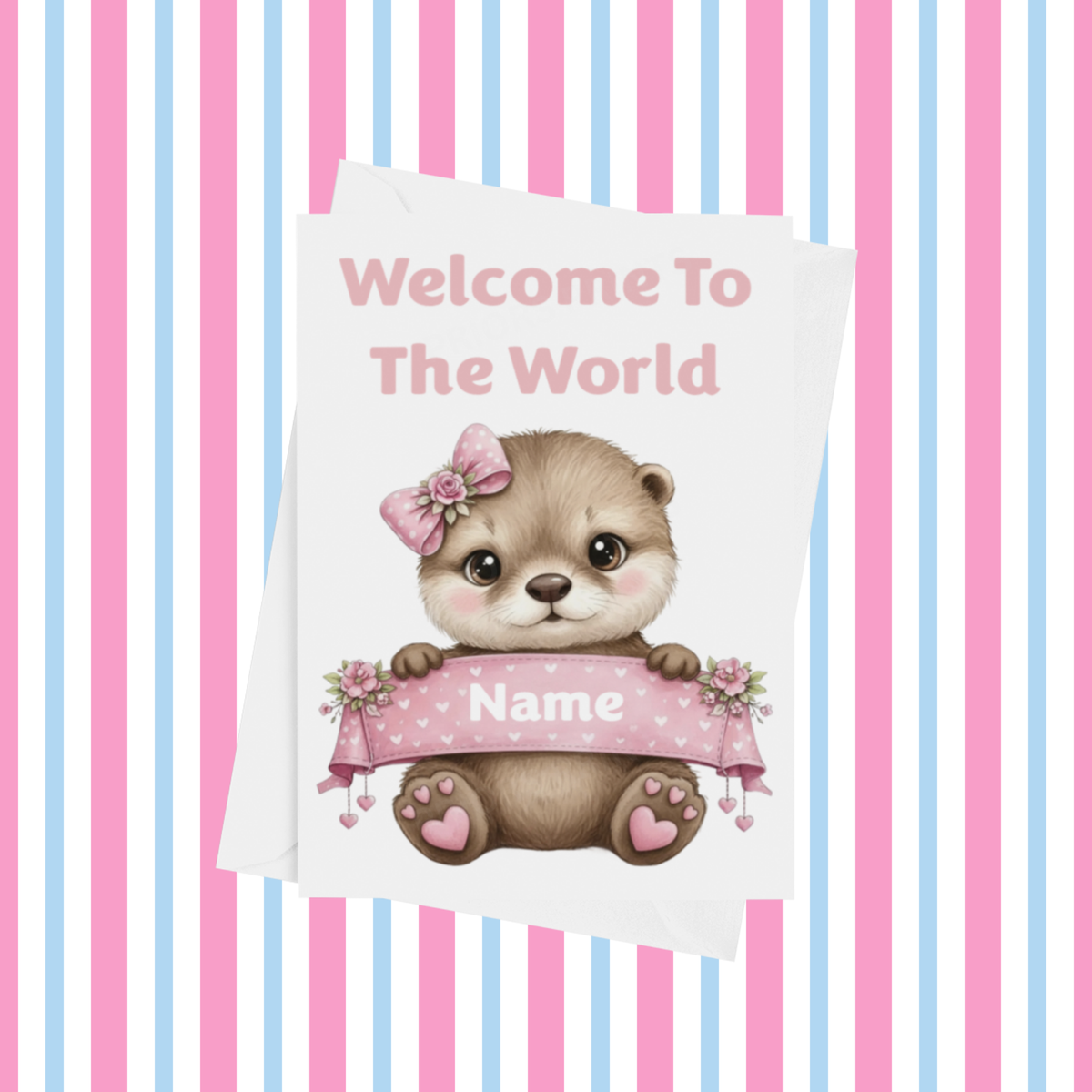 Welcome To The World Personalised Card for New Baby Animals in Pink