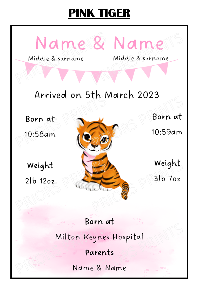 Welcome to the World Twins A4 Print- Elephant, Penguin & Tiger Designs