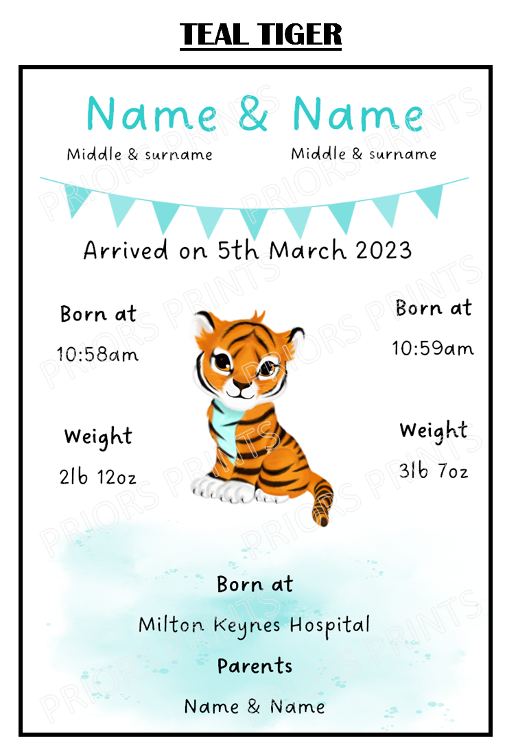 Welcome to the World Twins A4 Print- Elephant, Penguin & Tiger Designs