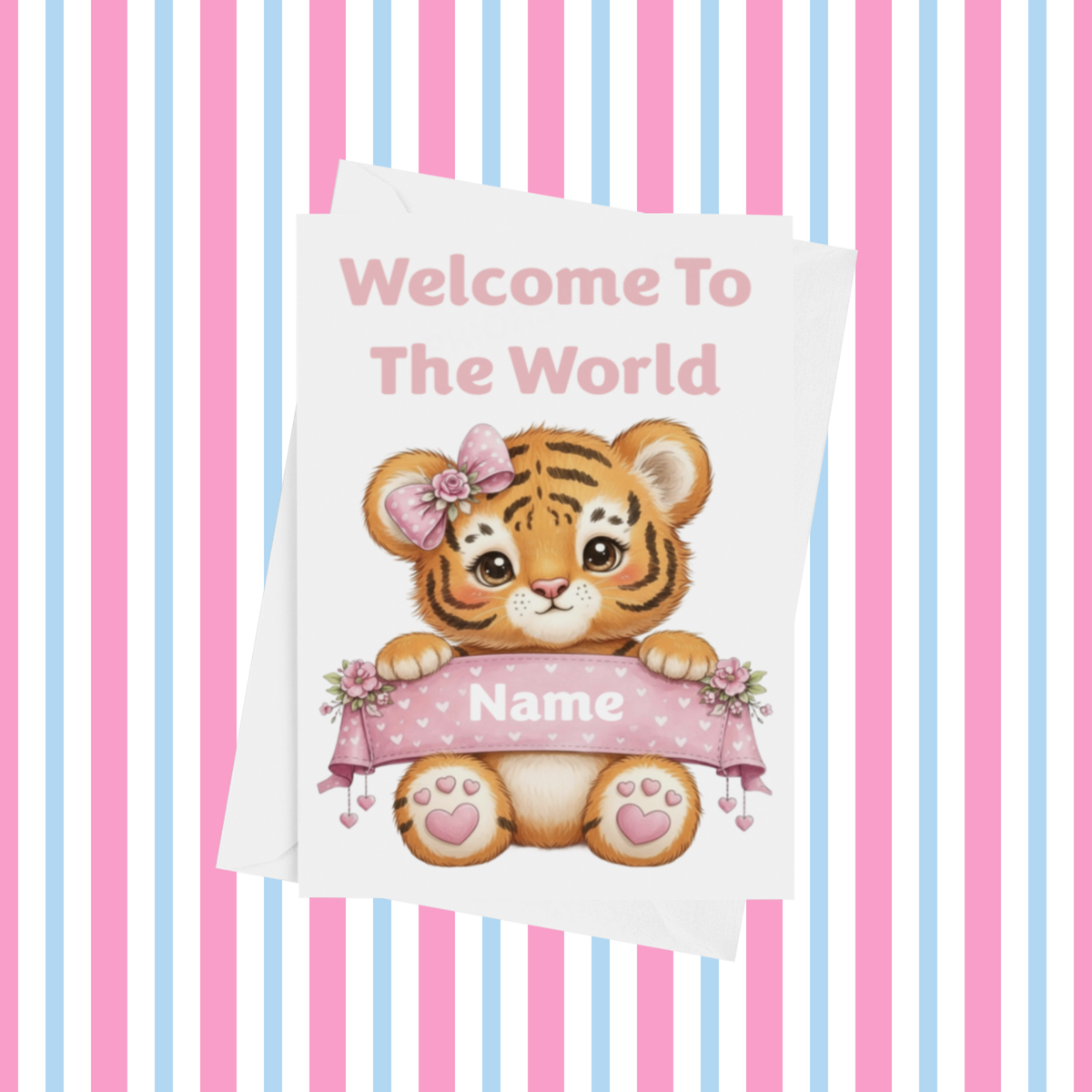 Welcome To The World Personalised Card for New Baby Animals in Pink
