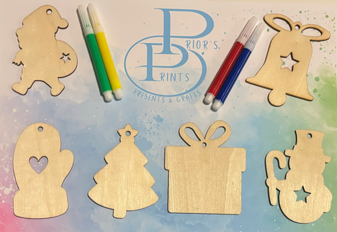 Colour Your Own Christmas Wooden Shapes/ Tags/ Decs